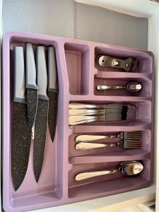 a purple container filled with utensils in a drawer at Apartment Maestral with sea view in Pržno