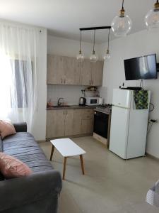 sala de estar con sofá y nevera blanca en צימר ברחובות - Israeli Home, en Rechovot