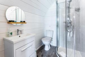 a bathroom with a toilet and a sink and a shower at Kings Caves Glamping in Torbeg