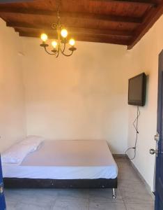 1 dormitorio con 1 cama con lámpara de araña y TV en Finca Hotel Alto la María, en Angelópolis
