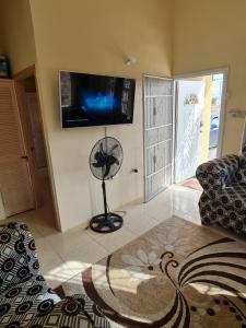 a living room with a flat screen tv on the wall at Chad's Island Retreat in Spanish Town