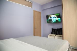 - une chambre avec un lit et une télévision murale dans l'établissement Modern Apartment Downtown Athens, à Athènes