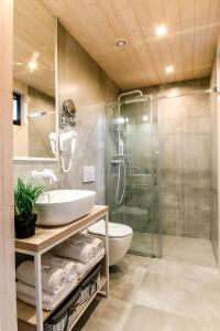 een badkamer met een wastafel en een douche bij Czarne Domki in Zwierzyniec