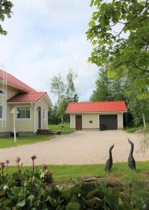 two birds standing in the grass in front of a house at Albertiina in Kurikka