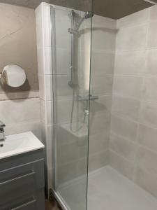 a shower with a glass door next to a sink at Molehill lodge in Swansea