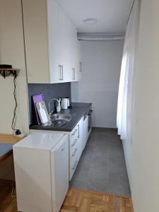 een keuken met witte kasten en een wastafel bij Apartman Bubic 