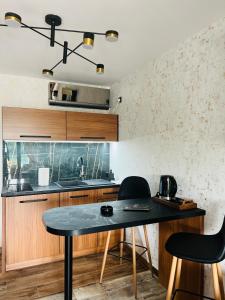 a kitchen with a table and chairs in a room at Apartmani Tiske noći in Bečej