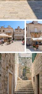 two pictures of a stone building with stairs and a courtyard at Vintage house al pozzo in Hvar