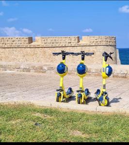 three drones are parked on a sidewalk near the ocean at Asbn Magic Garden in ‘Akko