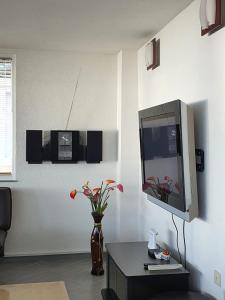 a living room with a tv on a wall at Villa Aurora in Ohrid