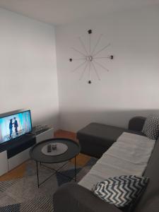 a living room with a couch and a tv at Apartman F&S - Novo Sarajevo in Sarajevo