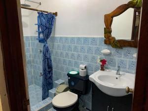 łazienka z toaletą i umywalką w obiekcie Cabinas Tito w mieście Cahuita