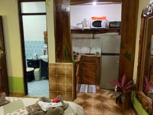 a small kitchen with a refrigerator and a sink at Cabinas Tito in Cahuita