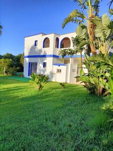 a large white house with a green yard at El Palomar Rooms Tarifa in Tarifa