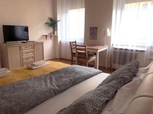 - une chambre avec un lit et un bureau avec une télévision dans l'établissement V57 APARTMENT OKTOGON, à Budapest