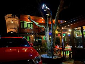 ein Auto, das neben einem Baum vor einem Restaurant parkt in der Unterkunft Pitaya Native Guest House in Panglao