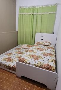 a bed in a room with a green curtain at Aconchego Sagrada Face in Aparecida