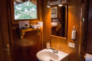 a bathroom with a sink and a mirror at Mallin Colorado Ecolodge in Aldana