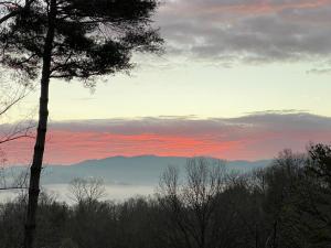 a view of a sunset with trees and clouds at Mountain to Sea Modern in Asheville