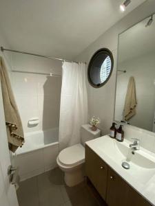 聖地亞哥的住宿－Grato y céntrico depto entre Providencia y Ñuñoa，白色的浴室设有卫生间和水槽。