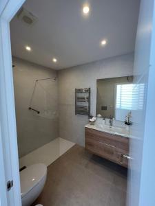 La salle de bains est pourvue de toilettes, d'un lavabo et d'un miroir. dans l'établissement Apartamento La Canela, à Nerja