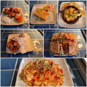 un collage de cuatro fotos de platos de comida en Mellanbrons B&B en Åmål