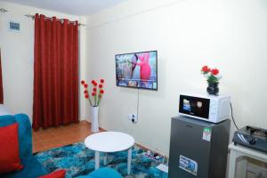 a living room with a red curtain and a tv at Executive studio in Ruiru in Ruiru