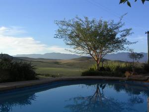 a swimming pool with a tree and mountains in the background at Skeiding Guest Farm in Heidelberg