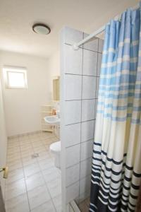 a bathroom with a shower curtain and a toilet at Apartments by the sea Vinjerac, Zadar - 5824 in Vinjerac