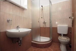 La salle de bains est pourvue d'un lavabo, d'une douche et de toilettes. dans l'établissement Apartments by the sea Sukosan, Zadar - 5864, à Sukošan