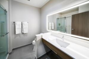 Holiday Inn Express & Suites - Houston SW - Rosenberg, an IHG Hotel في روزنبيرغ: حمام مع حوض ومرحاض ومرآة