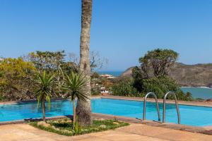 una piscina con una palmera y el océano en Royal Turquesa Boutique Hotel, en Búzios