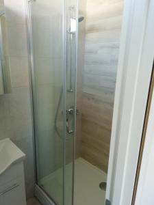 a shower with a glass door in a bathroom at Apartments by the sea Vrsi - Mulo, Zadar - 5859 in Vrsi