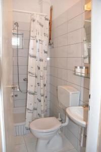a bathroom with a toilet and a sink and a shower at Apartments and rooms by the sea Orebic, Peljesac - 4563 in Orebić