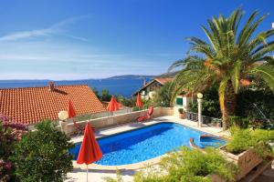 a swimming pool with a palm tree and a house at Seaside house with a swimming pool Seget Vranjica, Trogir - 4329 in Trogir