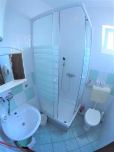 ein Bad mit einer Dusche, einem Waschbecken und einem WC in der Unterkunft Apartments by the sea Biograd na Moru, Biograd - 4316 in Biograd na Moru