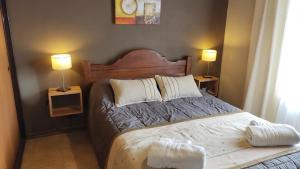 a bedroom with a bed and two lamps on tables at Casita Cavok in San Carlos de Bariloche