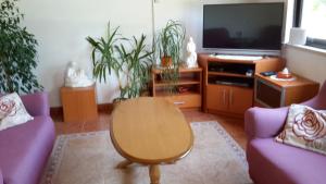 a living room with a table and a tv at Seaside apartments with a swimming pool Lumbarda, Korcula - 4404 in Lumbarda