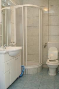 uma casa de banho com um WC, um lavatório e um chuveiro em Apartment Orebic 4494d em Orebić