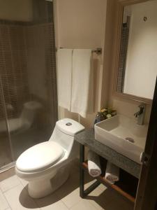 a bathroom with a toilet and a shower and a sink at LOP Inn San Jose Aeropuerto - Costa Rica in Ciudad Cariari