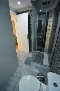 a bathroom with a shower and a toilet and a sink at Rock´s Beach Spot in Costa da Caparica