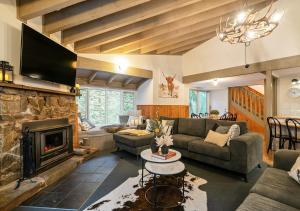 a living room with a couch and a fireplace at Crystal Brook Lodge in Dinner Plain