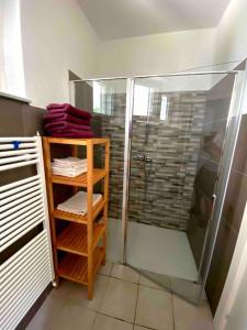 a bathroom with a shower and a glass shower stall at Futuro parco nel centro in Sarzana