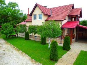 una casa con techo rojo y patio verde en Casa Barkov, en Barcani