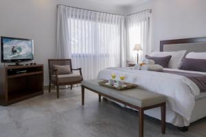 um quarto com uma cama, uma televisão e uma cadeira em Ville Saint Germain Apart Hotel & Spa em Carilo