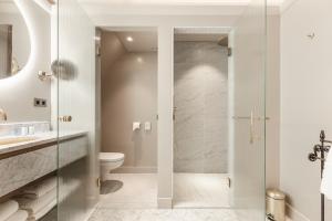 a bathroom with a toilet and a glass shower at Hotel 717 in Amsterdam +37 photos