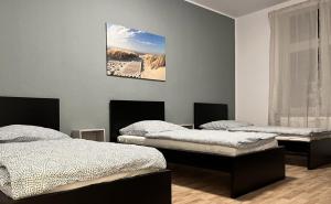 a room with two beds and a painting on the wall at cosy three room apartment with flatscreen TV in Recklinghausen