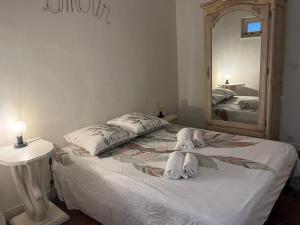 - une chambre avec un lit doté d'un miroir et de serviettes dans l'établissement LE LIMAS - CHARME - WiFI - PATIO - RDC, à Avignon