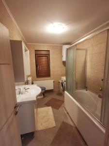 La salle de bains est pourvue d'un lavabo, d'une douche et de toilettes. dans l'établissement Apartmani G&E, à Delnice