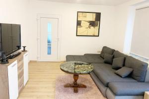 - un salon avec un canapé et une télévision dans l'établissement 3 bedroom apartment in Leverkusen, à Leverkusen
